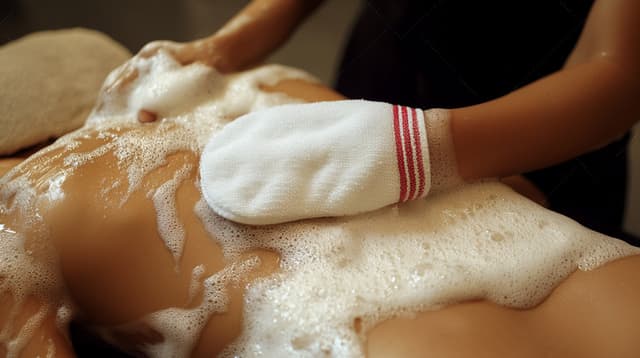 Массаж с мыльным мешком рукавицей Кесе